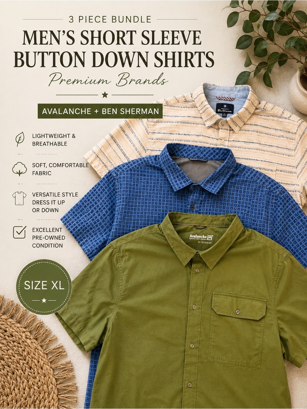 3 Shirt Bundle - Men’s Button Down - XL - Performance and Linen - EUC